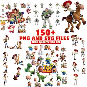 May include: A collection of digital character illustrations from the Toy Story franchise, including Woody, Buzz Lightyear, Jessie, and Bullseye, featuring 150+ PNG and SVG files with high quality 300 DPI text displayed in red and white.