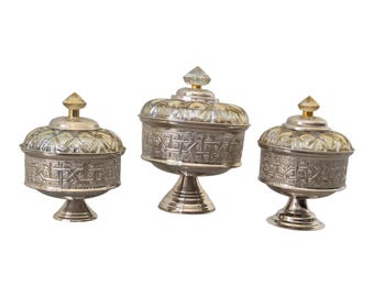 Handmade Moroccan Candy Bowl Set of 3-Silver metal and crystal glass lid with gold knob-Engraved base Bonbonniere -Luxury vintage gift .