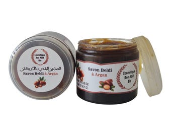 Jabón negro marroquí Savon Beldi con aceite de argán-Bio – Set de 2x200g -Jabón exfoliante suave para hammam para una piel radiante -Gel de ducha natural.