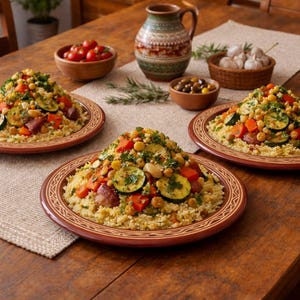 May include: Three round terracotta plates with intricate white patterns, each holding a mound of couscous topped with roasted zucchini, red bell peppers, and chickpeas, garnished with fresh green herbs and served on a wooden table.