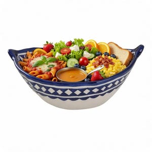 Op de afbeelding: Een grote, witte keramische serveerschaal met een blauw geometrisch patroon en handvatten, gevuld met verschillende voedingsmiddelen. De kom bevat pasta, salade, roerei, fruit en een klein bakje saus.