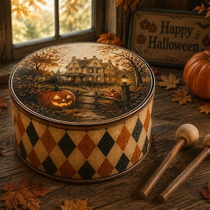 Puede incluir: Una caja redonda decorativa con temática de Halloween. La tapa presenta una escena de casa embrujada con calabazas talladas. La caja tiene un patrón de diamantes en marrón, naranja y negro. Otras decoraciones incluyen calabazas, velas y un letrero.