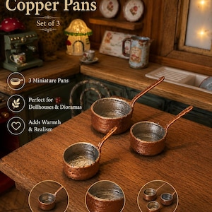 May include: A set of three miniature copper pans with textured exterior surfaces and silver-toned interiors. Each pan features a single handle extending from the side. The text Miniature Copper Pans Set of 3 is visible at the top of the image.