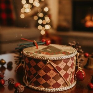 Vintage Drum Ornament • Santa Claus / Christmas Tree • Double-Sided Handmade Holiday Decor