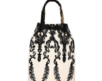 Handmade Black & Beige Lace Tote Bag – Lightweight Sheer Statement ToteHer