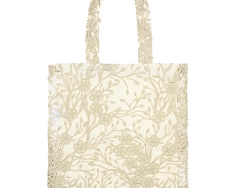 Ecru Lace Tote Bag – Gilded Floral Shoulder Bag, Lined