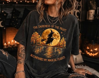 Halloween Witch Shirt Mineral Wash Boxy Tee | The Darkness Of The Night Shirt | Faux Embroidered Sleeves Halloween Tee | Comfort Colors Styl