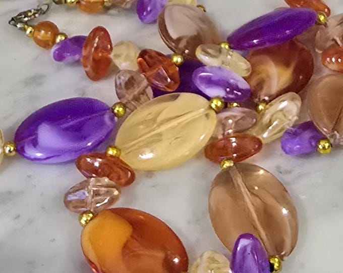 Featured listing image: Bold Multi-Colour Pebble Bead Necklace – Purple & Amber Statement Piece