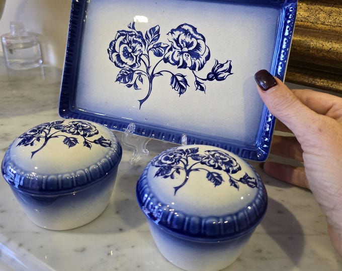 Featured listing image: Vintage Carlton Ware Dressing Table Set — Blue Gift Set | Boudoir Chic | Gifts for Her