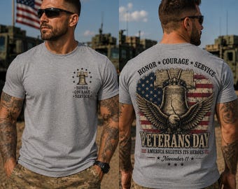 Camiseta de servicio con el lema "Honor, valentía y servicio", camiseta del Día de los Veteranos, camiseta patriótica con la Campana de la Libertad y el Águila, regalo para veteranos a doble cara.
