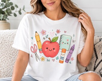 Apple Teacher Shirt, Funny Teacher Life Tee, Back To School Shirt, Cute Pencil Notebook Glue Stick Teacher Gift