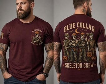 Blue Collar Skeleton Crew Shirt, Halloween Worker Tee, Skeleton Hard Hat Shirt, Mens Spooky Blue Collar Shirt