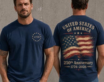 America 250 Shirt, Vintage Brushstroke USA Flag Tee, 1776 to 2026 Front and Back Print, Patriotic Mens 4th of July Veteran Gift