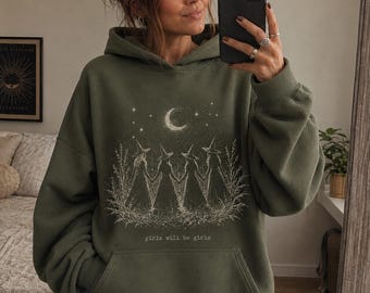 Girls Will Be Girls Sweatshirt, Moonlit Coven Shirt, Witchy Halloween Crewneck, Black Gothic Fall Sweater