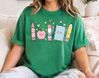 Funny Teacher Life Shirt, Back To School Shirt, Cute School Supplies Tee, Crayon Apple Pencil Notebook Teacher Gift