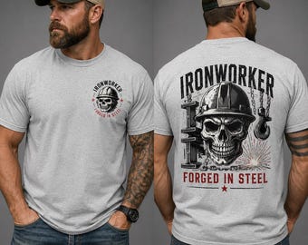 Ironworker Shirt, Forged In Steel Tee, Skull Hard Hat Shirt, Steel Worker Gift, Blue Collar Labor Day Tee