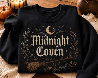 Midnight Coven Sweatshirt, Gothic Witch Crewneck with Moon, Bats and Botanical Print