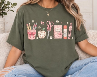 Coquette Teacher Shirt, Back To School Gift, Cute School Supplies T-Shirt, Bow Apple Pencil Notebook Teacher Tee