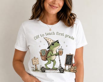 First Grade Teacher Shirt, Off To Teach First Grade Frog Tee, Back To School Teacher Shirt, Cute Iced Coffee Gildan Tee