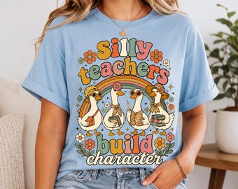 Retro Silly Teachers Build Character Shirt, Groovy Goose Teacher Tee, Cute Back To School Teacher Gift, Funny School Shirt