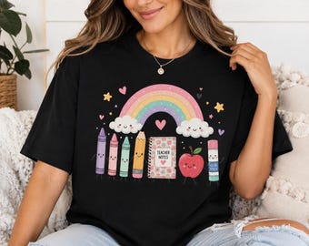 Rainbow Teacher Shirt, Back To School Gift, Cute School Supplies Tee, Crayon Apple Glue Stick Pencil Shirt