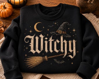 Witchy Halloween Sweatshirt, Gothic Witch Crewneck with Broom, Moon and Bat Print