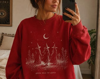 Girls Will Be Girls Sweatshirt, Witch Walk Shirt, Moonlight Halloween Crewneck, Black Witchy Fall Sweater