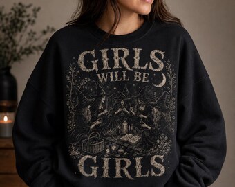 Girls Will Be Girls Sweatshirt, Witch Coven Halloween Shirt, Midnight Witch Picnic Crewneck, Gothic Halloween Sweater