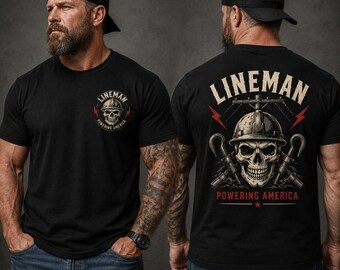 Lineman Shirt, Powering America Tee, Skull Hard Hat Shirt, Blue Collar Lineman Gift, Labor Day Worker Tee