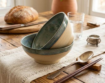 Two blue-green glazed stoneware bowls — handcrafted piece | bowl for dessert, appetizers or cereal