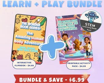 May include: A bundle of educational materials for kids, featuring two activity packs: an interactive flipbook and a printable activity pack. The image includes the text "LEARN + PLAY BUNDLE" and "The Amazing Human Body Adventure". The bundle is advertised as a STEM learning tool.
