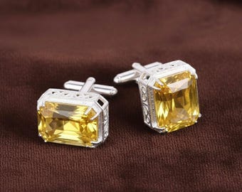 Citrine Cufflinks  Yellow Gemstone Cufflinks, Formal Wedding Jewelry, Groomsmen Gift