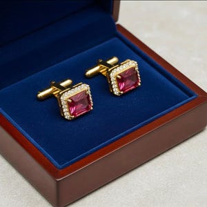 Puede incluir: Un par de gemelos dorados con piedras centrales cuadradas de color rubí, rodeadas por un halo de pequeños cristales transparentes. Los gemelos se presentan en una caja de madera forrada de terciopelo azul oscuro.