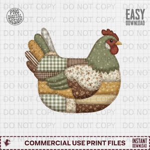 Peut inclure: Un motif de poulet patchwork dans les tons de vert, marron et jaune. L'image comprend le texte "PNG DIGITAL DESIGN" et "EASY DOWNLOAD". Le bas de l'image indique "COMMERCIAL USE PRINT FILES" et "INSTANT DOWNLOAD".
