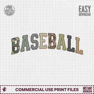 Pode incluir: Um design digital com a palavra "BASEBALL" em uma fonte em estilo universitário. As letras têm uma aparência texturizada com cores camufladas, cinza e bege. O design inclui o texto "PNG DIGITAL DESIGN", "EASY DOWNLOAD", "COMMERCIAL USE PRINT FILES" e "INSTANT DOWNLOAD".