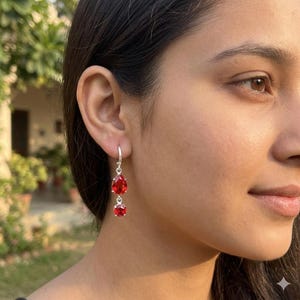 Ruby Red Pear Cut Drop Earrings, Sterling Silver Minimalist Dangle Jewelry