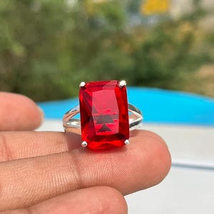 Large Emerald Cut Ruby Ring, Sterling Silver Statement Cocktail Ring