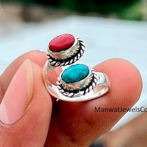 925 Sterling Silver Coral Turquoise Bypass Ring Adjustable Boho Gemstone Handmade Gift Women