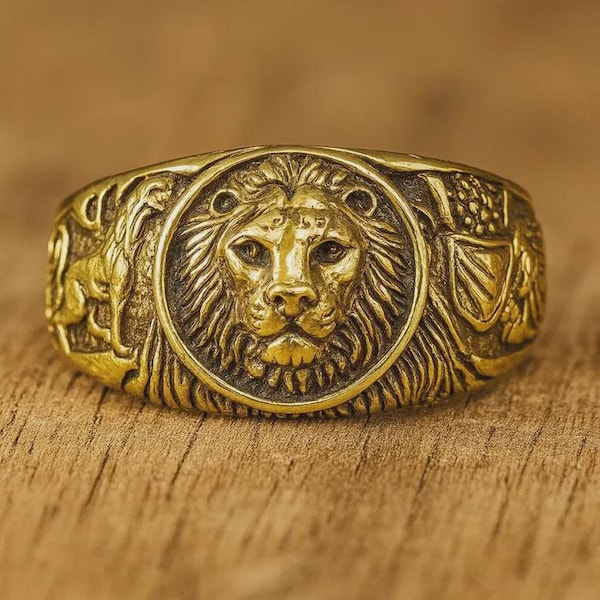 Anillo de cabeza de león / Anillo de declaración de oro / Anillo de sello para hombre / Anillo de animal vintage / Joyería de motociclista audaz / Regalo para él
