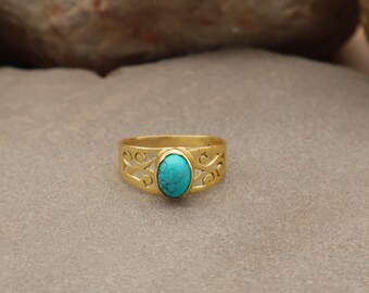 Turquoise Statement Ring Gold Tone | Oval Turquoise Stone Ring | Vintage Boho Ring | Handmade Style Jewelry | Gift for Her