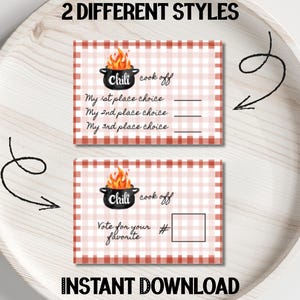May include: Two chili cook-off voting cards with a red and white checkered pattern. Each card features a chili pot graphic and text that reads "Chili cook off". One card has spaces for 1st, 2nd, and 3rd place choices. The other card has a space to vote for a favorite.