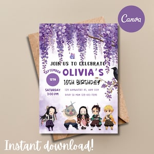 May include: A birthday invitation with a purple wisteria design, featuring anime characters. The invitation includes the text "Join us to celebrate Olivia's 10th Birthday" with date, time, and RSVP information. The words "Instant download!" are at the bottom.