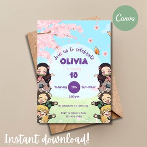 May include: A birthday invitation with a blue sky background, featuring anime-style characters and cherry blossoms. The invitation says "Join us to celebrate OLIVIA is turning 10" with event details. The words "Instant download!" are at the bottom.