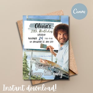 Puede incluir: Una invitación de cumpleaños con un retrato de un hombre sonriente con afro, sosteniendo un pincel y una paleta. La invitación incluye el texto "Olivia's 20th Birthday" y los detalles del evento. También se incluyen las palabras "Join us for a happy little party".