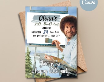 Convite de aniversário inspirado em Bob Ross | Convite editável para festa "Happy Little Trees" | Download digital para impressão