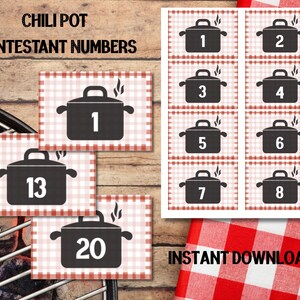 Puede incluir: Números de concursantes de chili pot imprimibles con un gráfico de olla negra y números blancos del 1 al 8, 13 y 20. Los números están sobre un fondo a cuadros rojo y blanco. El texto incluye "CHILI POT CONTESTANT NUMBERS" y "INSTANT DOWNLOAD".
