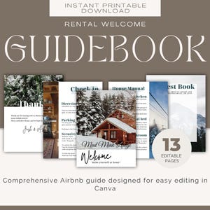 Puede incluir: Una guía digital para alquileres de Airbnb, con un diseño marrón y blanco. La guía incluye 13 páginas editables con secciones para el check-in, manuales de la casa y libros de visitas. El texto incluye "Rental Welcome Guidebook".