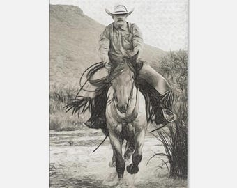 Vintage cowboy rijdt door het water - creatieve westerse fotografiekunstdruk