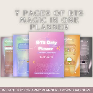 Może przedstawiać: Kolekcja planerów BTS Daily z gradientową różowo-fioletową okładką. Planer zawiera tekst "BTS Daily Planner" i "7 Members, 7 Inspirations". Obraz zawiera również tekst "7 PAGES OF BTS MAGIC IN ONE PLANNER" i "INSTANT JOY FOR ARMY PLANNERS DOWNLOAD NOW".