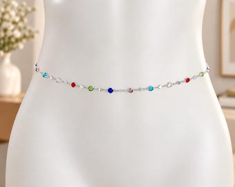 Midjekedja med regnbågsfärgade ädelstenar, elegant magkedja, flerfärgade kroppssmycken, färgglada kristallmidjesmycken, sommarstrandaccessoar